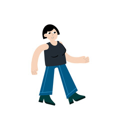 Girl in casual cloth. Modern female character. Young Woman walk. Flat cartoon illustration isolated on white