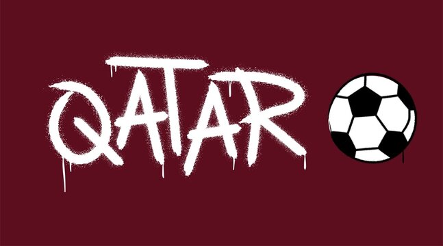 Graffiti QATAR word and Soccer ball with splash effects and drops. World football championship in Qatar 2022