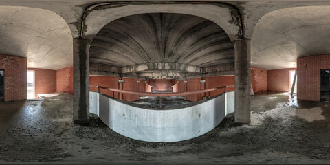 full seamless spherical 360 panorama on balcony in empty interior hall of abandoned unfinished...