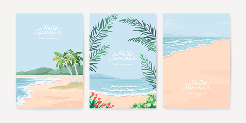 Set of nature landscape background. Hand drawn card templates with tropical sandy beach and palm trees. Vector illustration