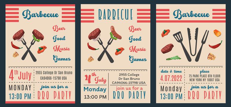 4th July bbq party. Set of BBQ invitation. Summer barbecue picnic. Bbq background with grill, steaks, meat food, vegetables, national elements for congratulation. Vector cartoon illustration