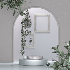Branding and packaging presentation mockup, arch, marble round podium, succulents in decorative pot, leaves, olive branches, mocap, 3d rendering