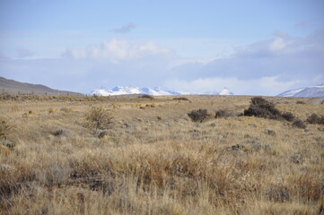 Chaînes de montagnes enneigées, steppe de Patagonie, Argentine