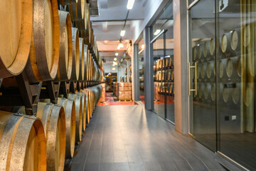 Vintage winery cellar with wine wooden barrels with modern shops