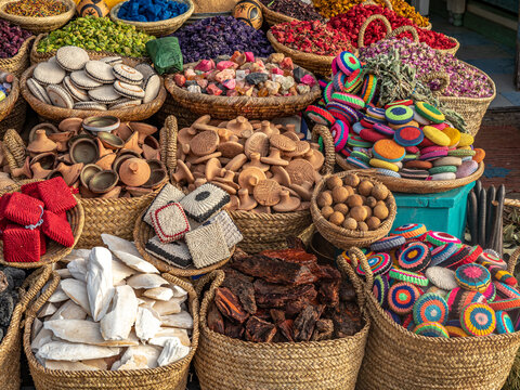 Colorful spices and dyes found at souk market in Marrakesh, Morocco.
