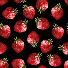 Strawberry seamless pattern. Summer forest berries texture on black background
