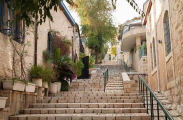 Fototapeta na wymiar Jerusalem historic neighborhood Yemin Moshe big stone staircase