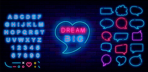 Dream big neon signboard. Make a wish. Speech bubbles collection. Shiny blue alphabet. Vector stock illustration