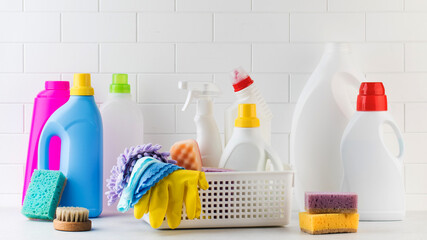  A set of different detergents, sponges and rags. The concept of cleaning, hardware store, cleaning...