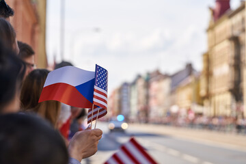 Czech and American flags at the Liberation festival in Plzen, Czechia