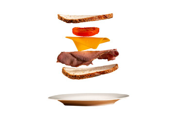 Sandwich falling deconstructed food isolated on white background