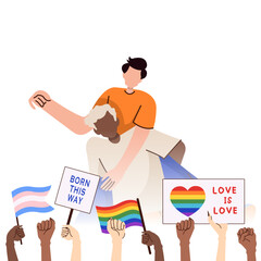 A crowd of people holding lgbt posters at a gay parade.Two men with lgbt flag. Lgbtq symbol. Pride month Vector illustration in cartoon style on isolated background.