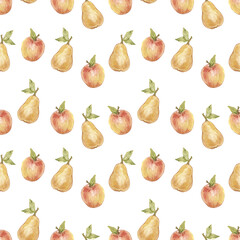 Watercolor seamless pattern with vintage yellow pear and red apple. Isolated on white background.