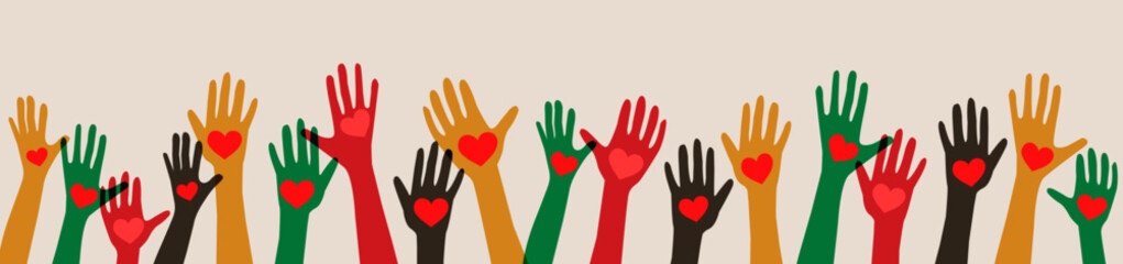 Ethnic group of black African and African American men and women raised arms with heart in hand.  Juneteenth. Diverse people, racial equality. Support, assistance, charity donation and volunteer work.