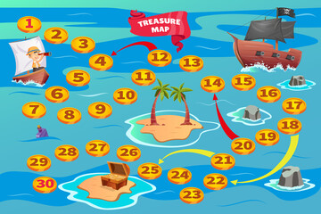 Cartoon pirate board dice game with map road to treasure.