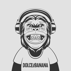 Vector Funny Smiling Black and White Monochrome Chimpanzee Ape with Headphones. Happy Monkey for Wall Art, T-shirt Print, Poster. Cartoon Cute Chimp Monkey