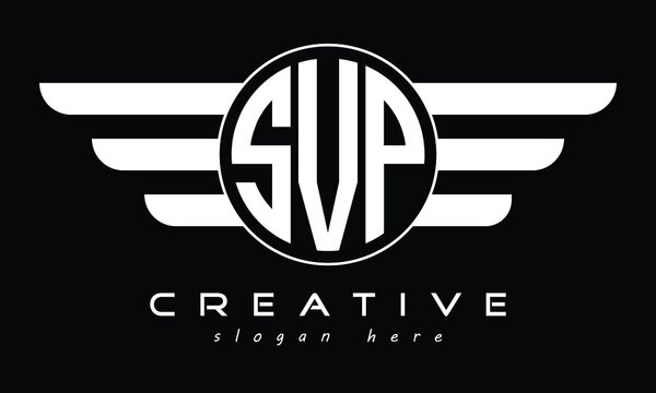 SVP three letter initial letter logo in circle with wings vector template.