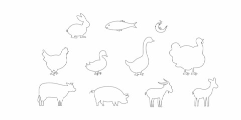 Meat symbols set for product packaging label design, butchery shop, menu in restaurant. Editable stroke. Vector stock illustration isolated on white background. 