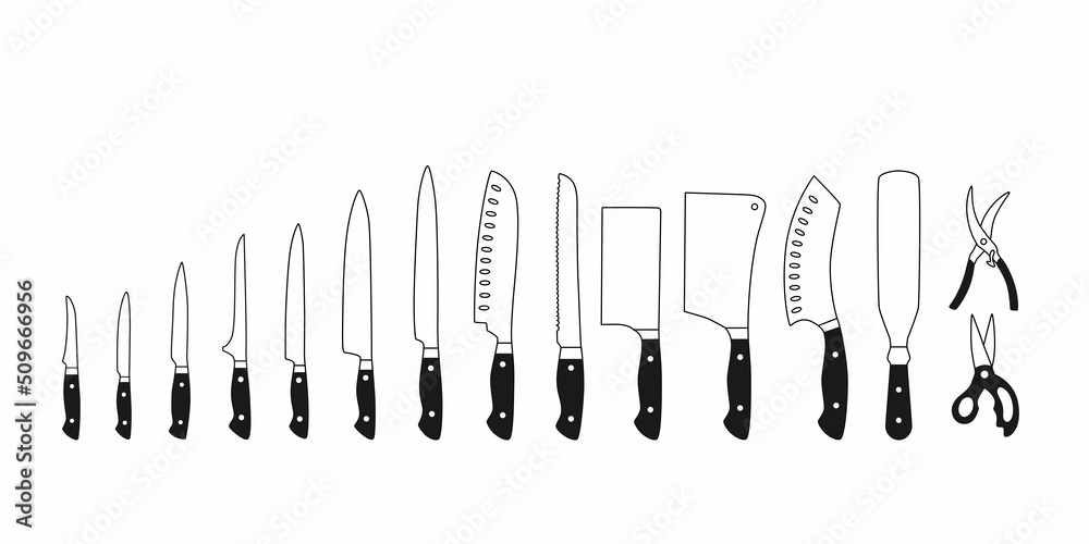 Wall mural Chef knifes outline set. Vector stock illustration isolated on white background for design packaging, logo, menu in restaurant. 