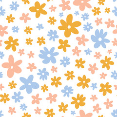 Obraz premium Cute seamless pattern with spring flowers. Vector illustration in hand-drawn flat style. Perfect for print, decorations, wallpaper, wrapping paper, cards. Simple botanical background.