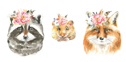 Watercolor woodland animal set of forest Raccoon,mouse,fox isolated cute nursery woodland illustration. Bohemian boho animals for baby shower, nursery print, decor, baby shower invitation, greeting 