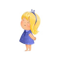 Illustration of Little offended girl with yellow blond hair wearing blue dress 