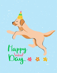 Beautiful postcard with a labrador puppy in a festive cap. Creative vector illustration. Happy birthday design. Party decor.