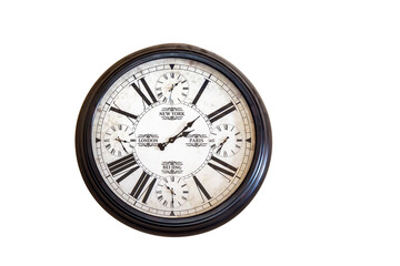 Antique wall clock with the local time and the time in New York, London, Paris and Beijing isolated...