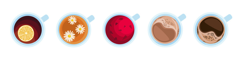 Set of hot beverages: tea with lemon, chamomile tea, carcade tea, cocoa, coffee. Flat style vector Illustration. Top view illustration.