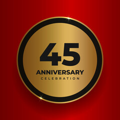 45 years anniversary celebration background. Celebrating 45th anniversary event party poster template. Vector golden circle with numbers and text on red square background. Vector illustration