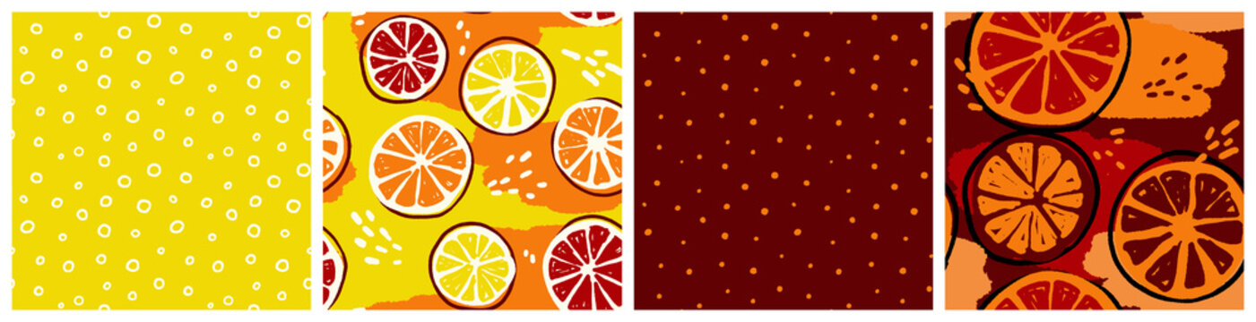 Citrus mix, fizzy drink, lemonade seamless pattern. Colorful kitchen textile or product packaging background with grapefruit and lemon slices in orange, red and yellow colors.
