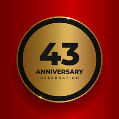 43 years anniversary celebration background. Celebrating 43rd anniversary event party poster template. Vector golden circle with numbers and text on red square background. Vector illustration