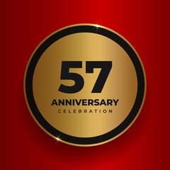 57 years anniversary celebration background. Celebrating 57th anniversary event party poster template. Vector golden circle with numbers and text on red square background. Vector illustration