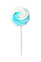 Lollipops made from sugar, mastic, marshmallows and chocolate. Multicolored sweets isolated on white background. Colorful sweet desserts for candy bar and cake decorating.