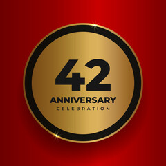 42 years anniversary celebration background. Celebrating 42nd anniversary event party poster template. Vector golden circle with numbers and text on red square background. Vector illustration