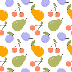 Fruit seamless pattern in hand drawn style. Pears, plums and cherries on a white background.