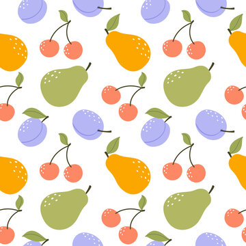 Fruit seamless pattern in hand drawn style. Pears, plums and cherries on a white background.