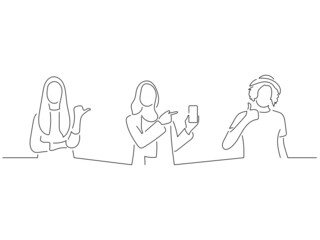 Young people in line art drawing style. Composition of three persons making expressions. Black linear sketch isolated on white background. Vector illustration design.