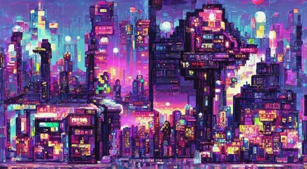 Cyberpunk city neon night. Retro futuristic pixel art composition. Future cityscape in a style of 80's. Urban wallpaper. 3D illustration. © Valeriy