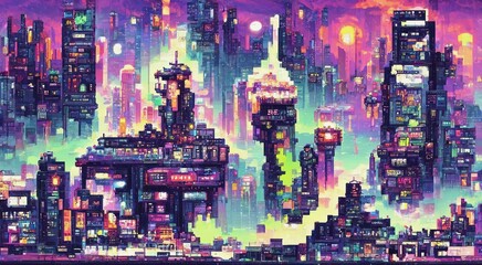 Cyberpunk city neon night. Retro futuristic pixel art composition. Future cityscape in a style of 80's. Urban wallpaper. 3D illustration.