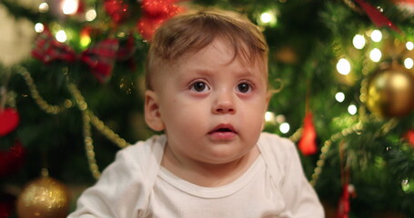 Baby infant face portrait next to christmas tree during holiday season