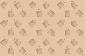 beige canvas bag with handles for groceries, seamless pattern with eco-friendly linen shopping bag on isolated background, food shopping concept, food crisis, no plastic, basis for designer