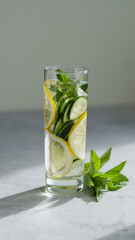 infused cucumber water in long glass.  summer drink with lemon and mint on light gray  concrete background. copy space