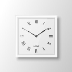 Vector 3d Realistic Square White Wall Office Clock Design Template Isolated on White. Mock-up of Wall Clock for Branding and Advertise Isolated. Clock Face Design