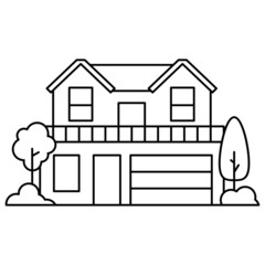 Thin line icon suburban modern house. Symbol for a mobile application or website.Vector illustration in lineart style.Isolated on white background.