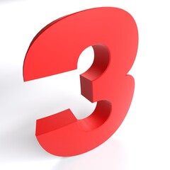 Number 3 in red color isolated on white background - 3D rendering illustration