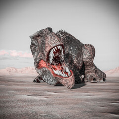 giganotosaurus is lying down on sunset desert © DM7
