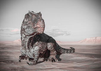 giganotosaurus is resting down on sunset desert with copy space © DM7
