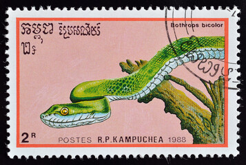 Cancelled postage stamp printed by Cambodia, that shows Guatemala Palm Pit Viper (Bothrops bicolor), circa 1988.