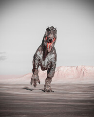 giganotosaurus is running on sunset desert front view © DM7